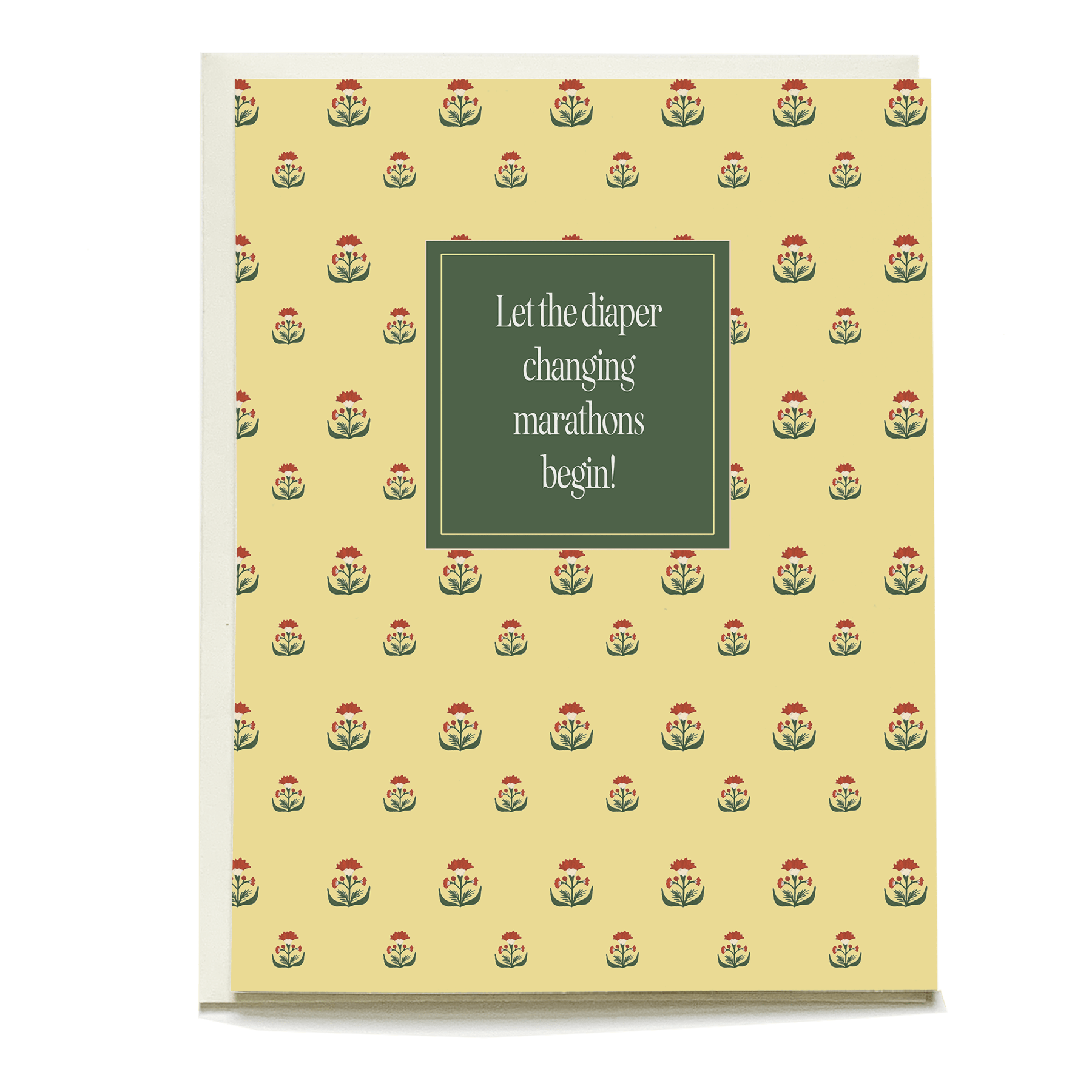 Emile Baby Card featuring a yellow floral design with the text "Let the diaper changing marathons begin!" in a green box.