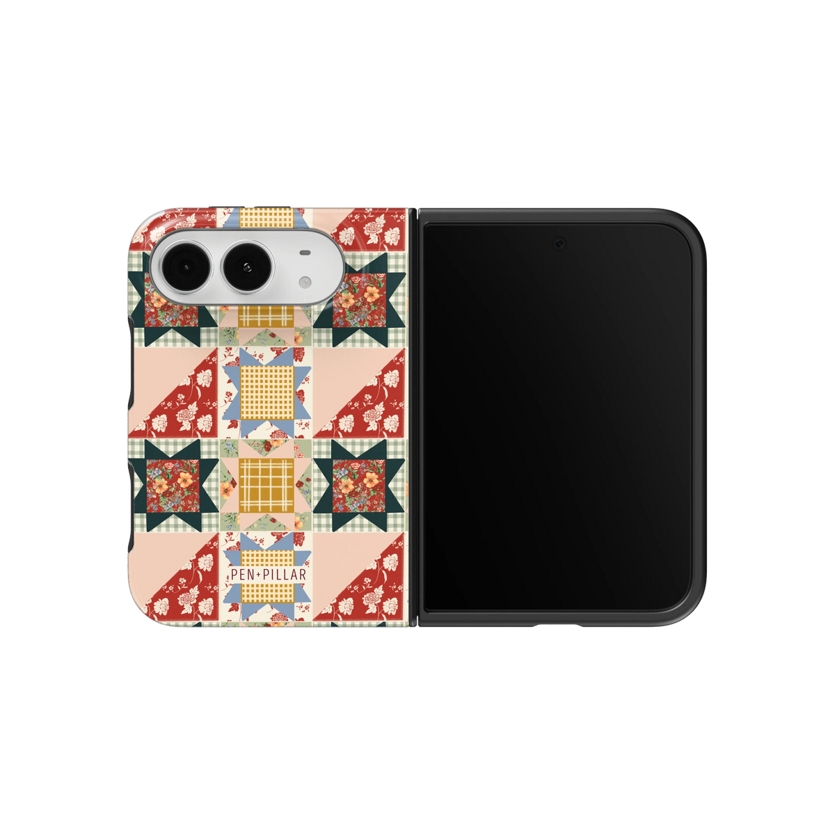 Evening Star iPhone 18 Duo case on an unfolded iPhone 18 Duo, back and screen side by side: star quilt blocks in red, forest green and cream florals on blush