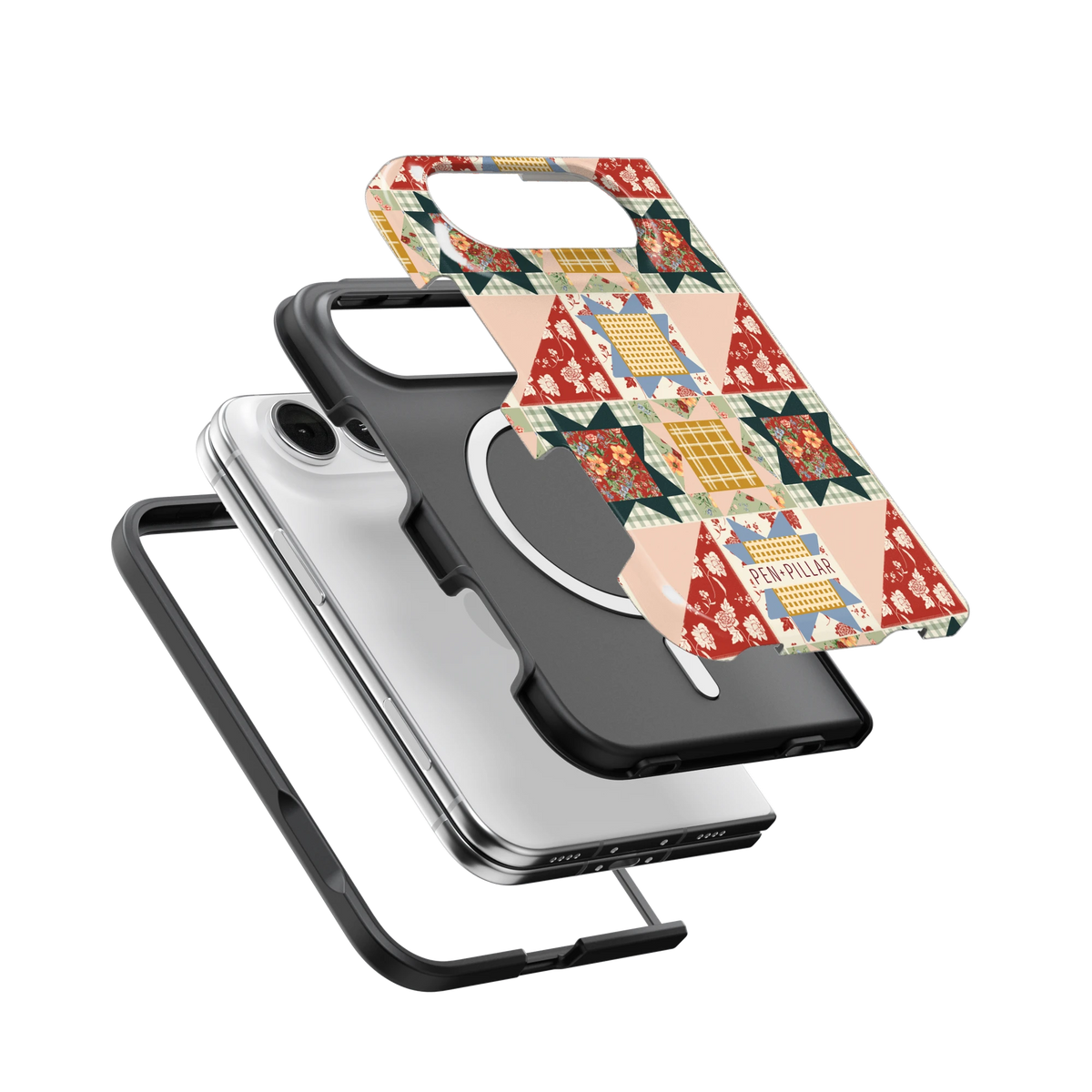 Evening Star iPhone 18 Duo case, exploded view of the printed shell, black inner layer with MagSafe ring, and phone