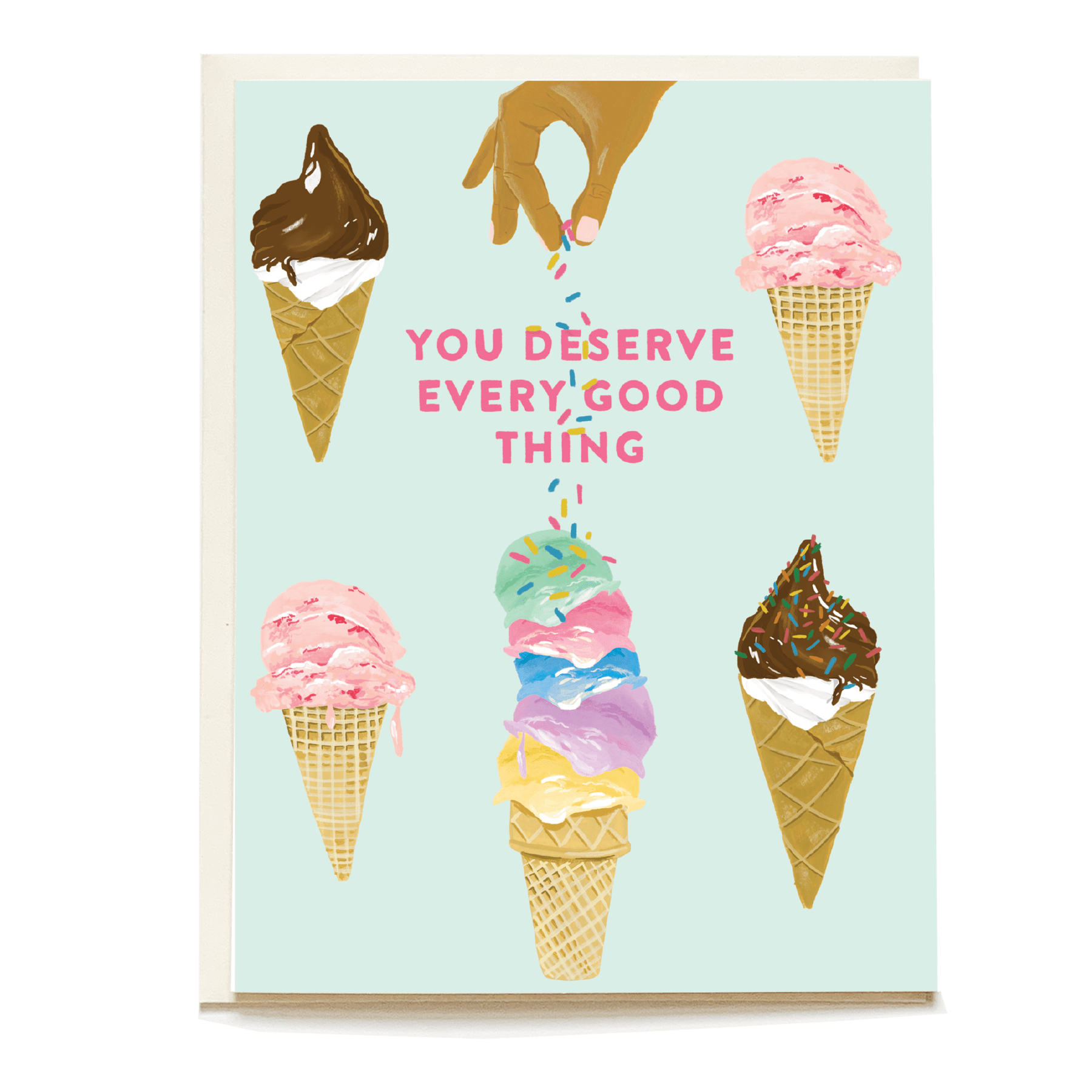 Every Good Thing Congrats Card featuring colorful ice cream cones and the text "You deserve every good thing.