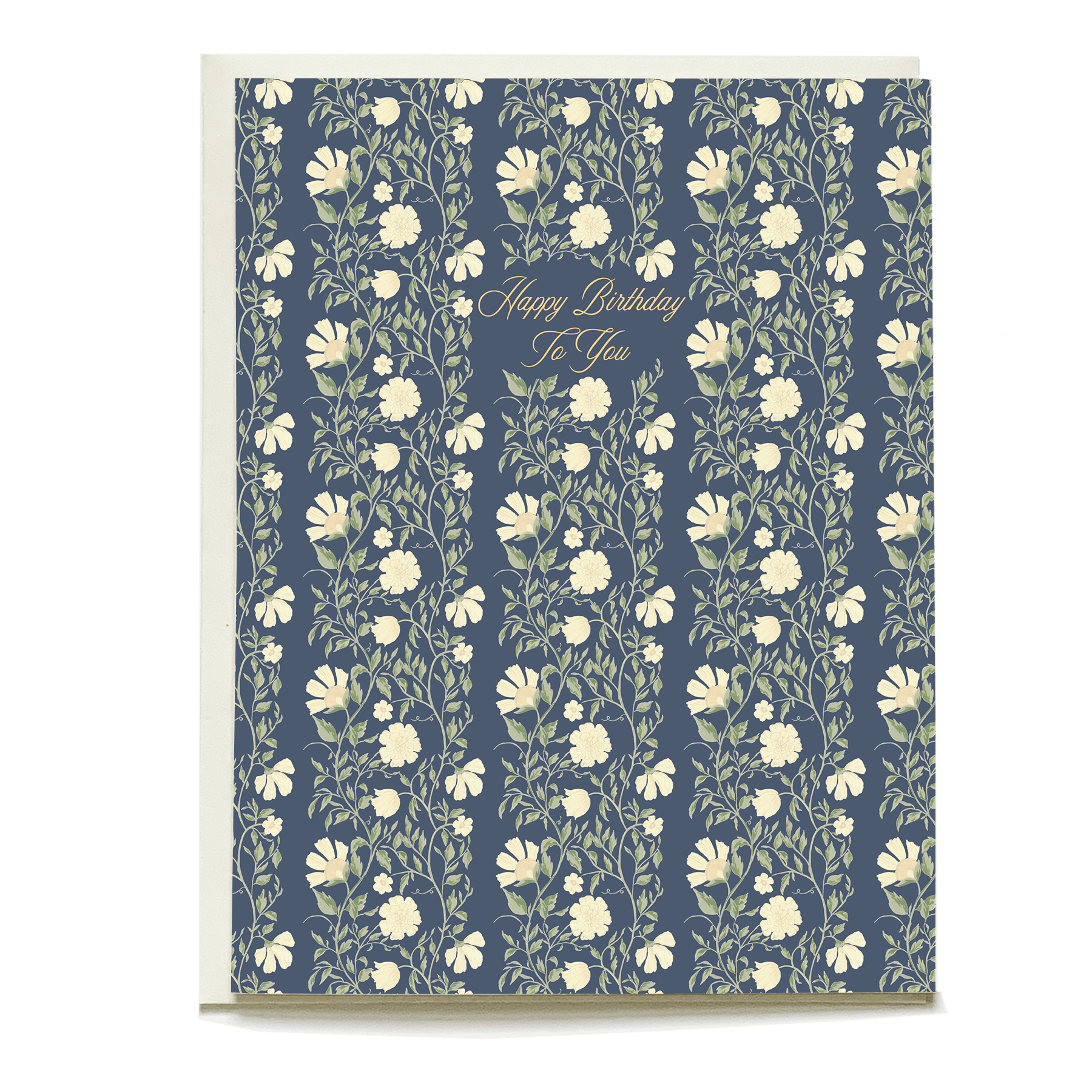 Fable birthday card featuring a navy background with floral patterns and the text "Happy Birthday To You" in gold.