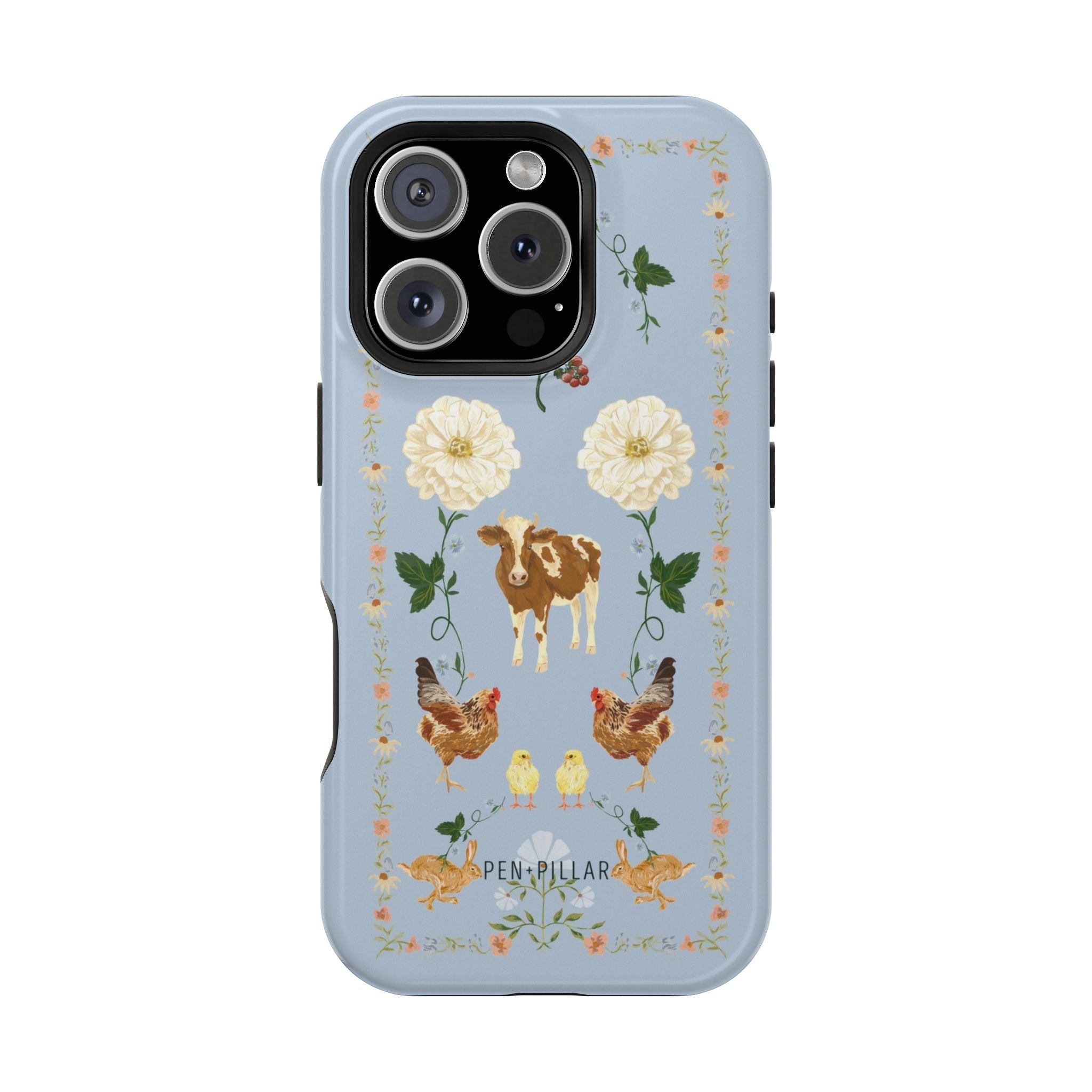 Farmland iPhone case featuring a light blue background with floral and animal illustrations, including cows and chickens.