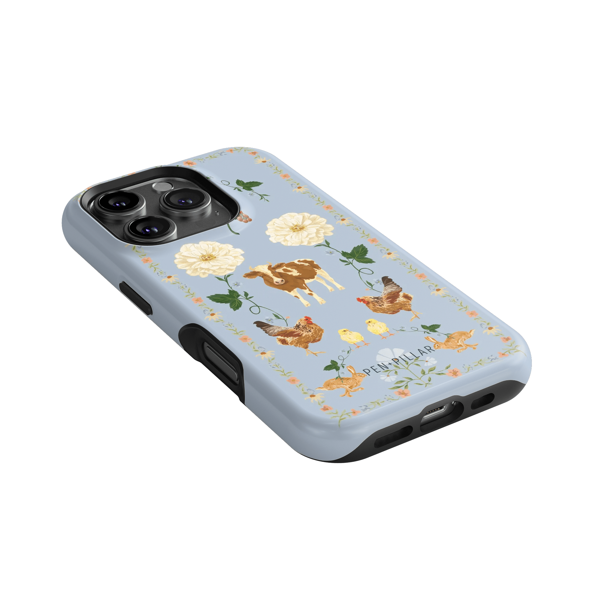 Farmland iPhone case featuring a blue background with floral and animal illustrations, including cows and chickens.