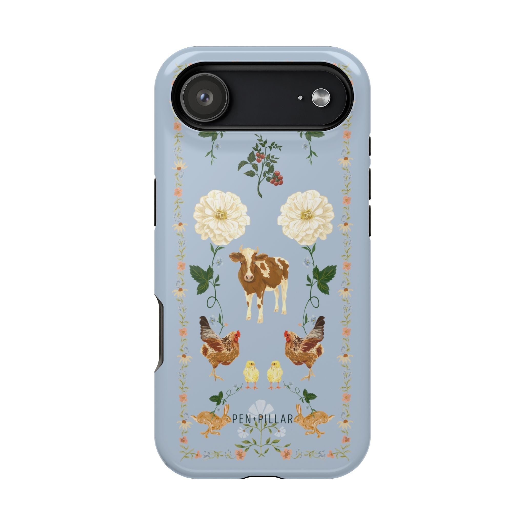 Farmland iPhone case featuring a blue background with floral designs, animals, and farm-themed illustrations.