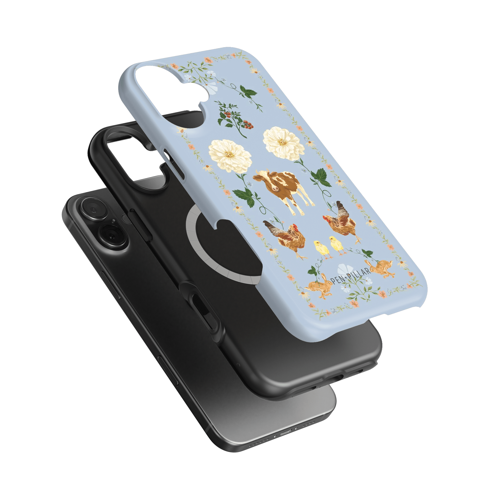 Farmland iPhone case featuring a light blue background with floral and animal designs, stacked with a black case.