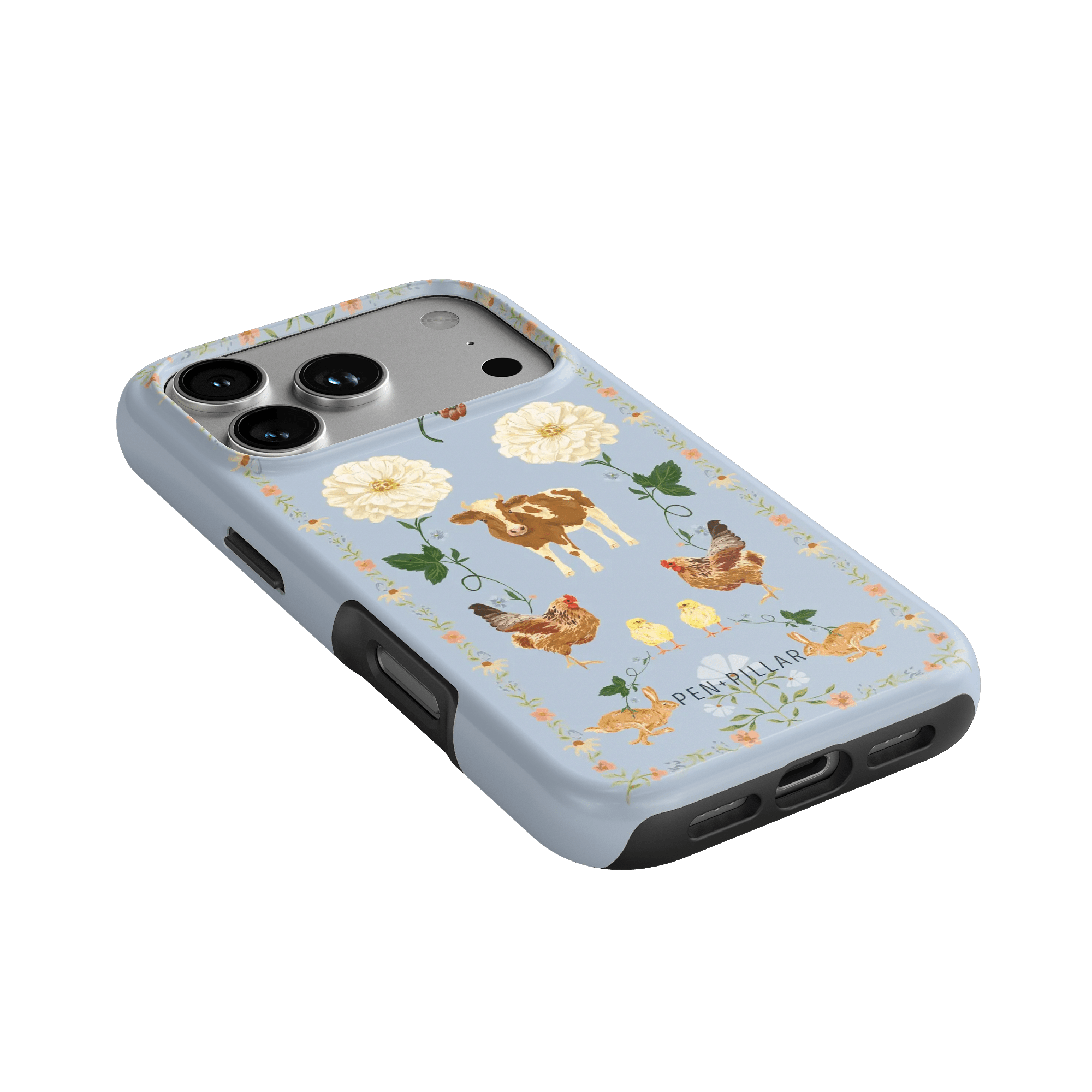 Farmland iPhone case featuring floral and animal designs on a light blue background with a black border.