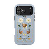 Farmland iPhone case featuring a light blue background with floral and animal illustrations, including cows and chickens.