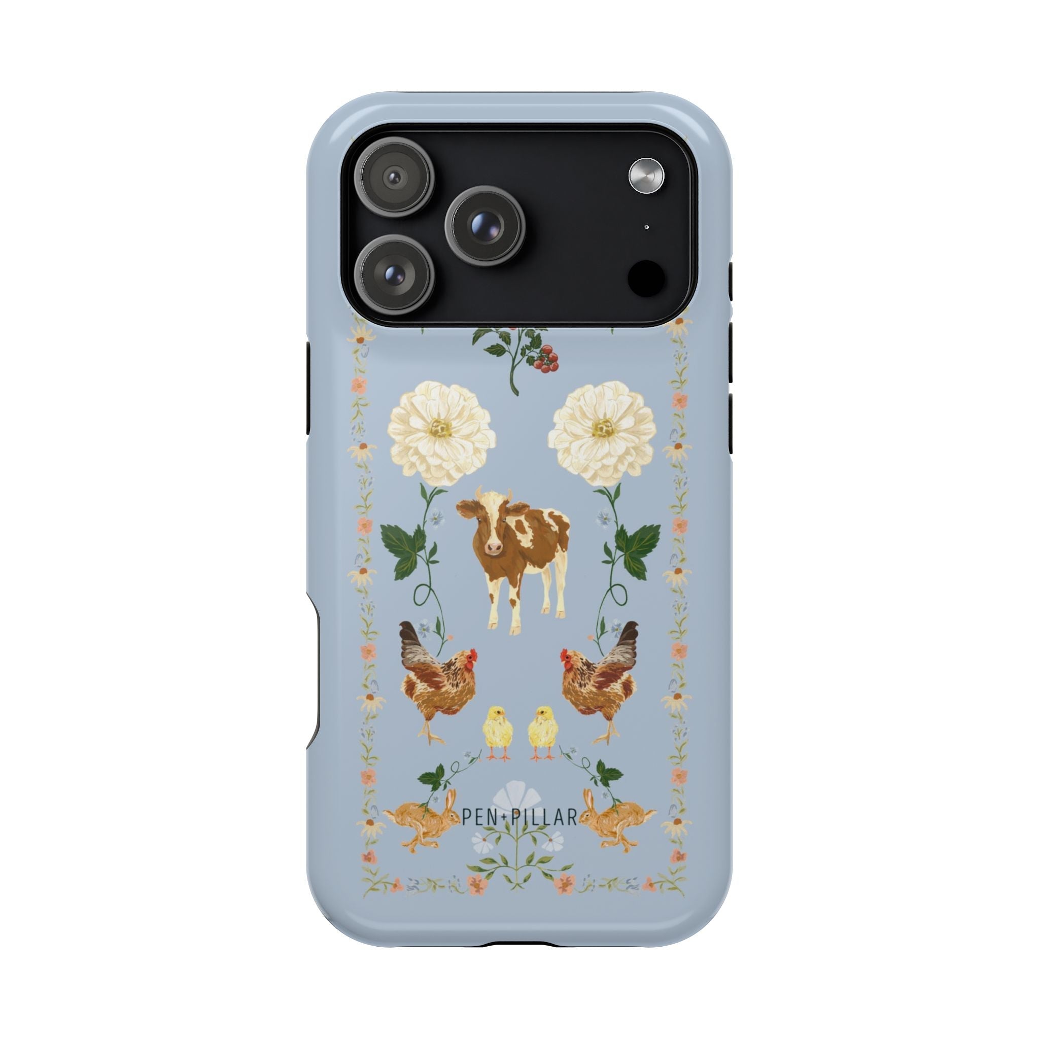Farmland iPhone case featuring a light blue background with floral and animal illustrations, including cows and chickens.