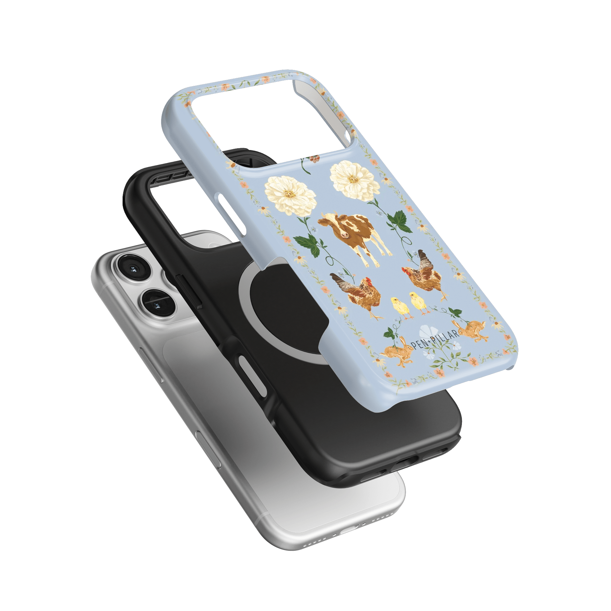 Farmland iPhone case featuring a blue background with floral and animal illustrations, stacked with black and silver cases.