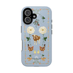Farmland iPhone case featuring a light blue background with floral and animal illustrations, including cows and chickens.