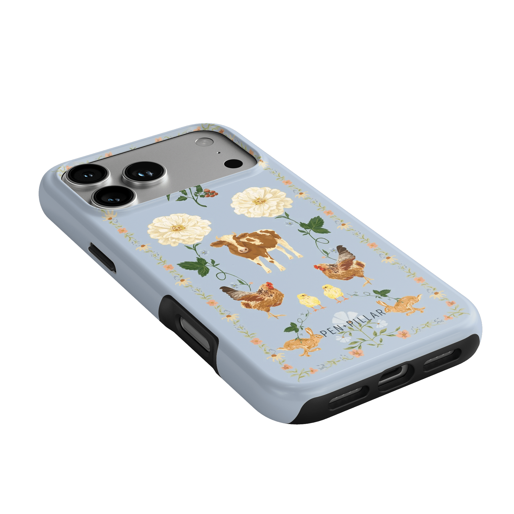 Farmland iPhone case featuring a light blue background with floral and animal illustrations, including cows and chickens.