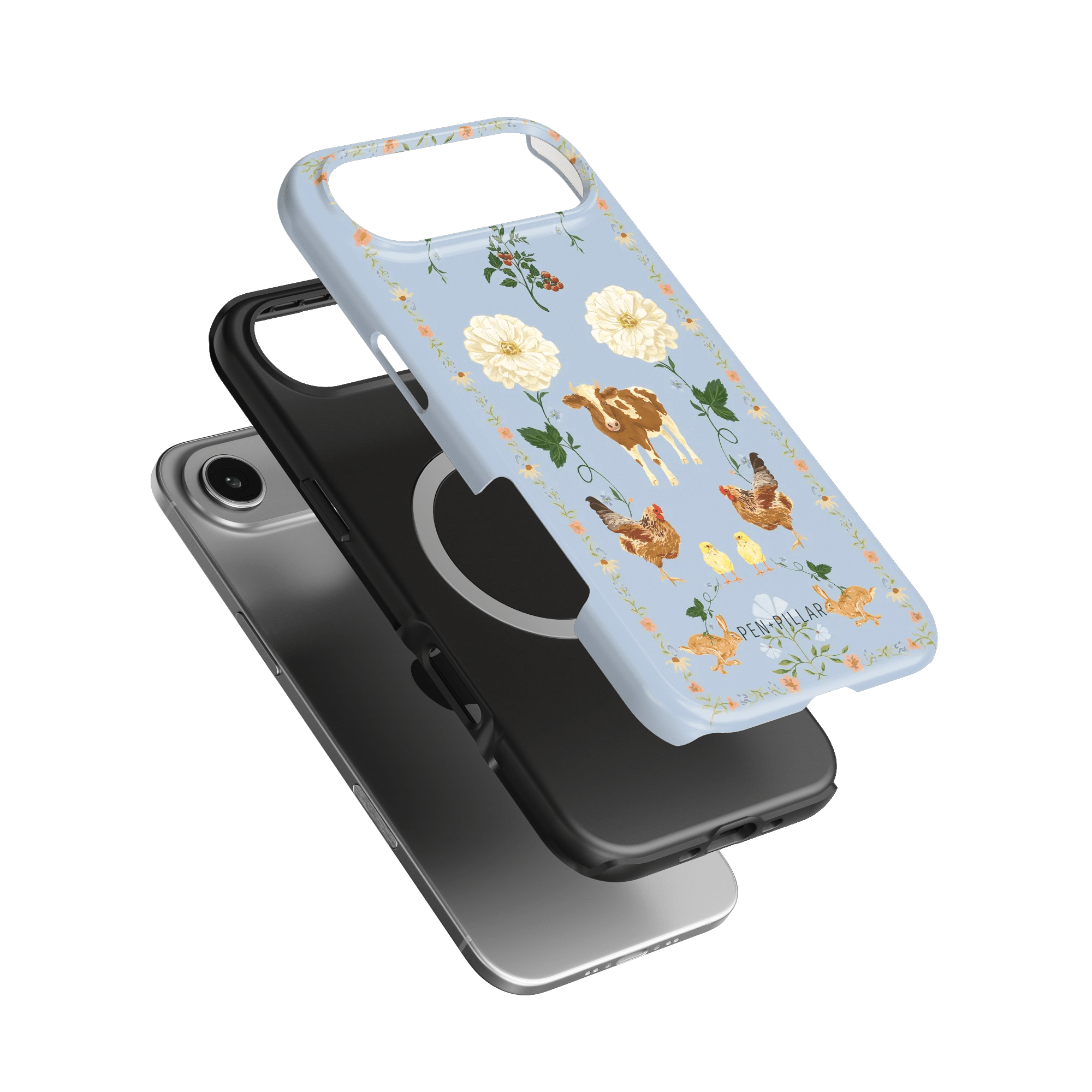 Farmland iPhone case featuring a light blue design with floral patterns, cows, and chickens on a black background.