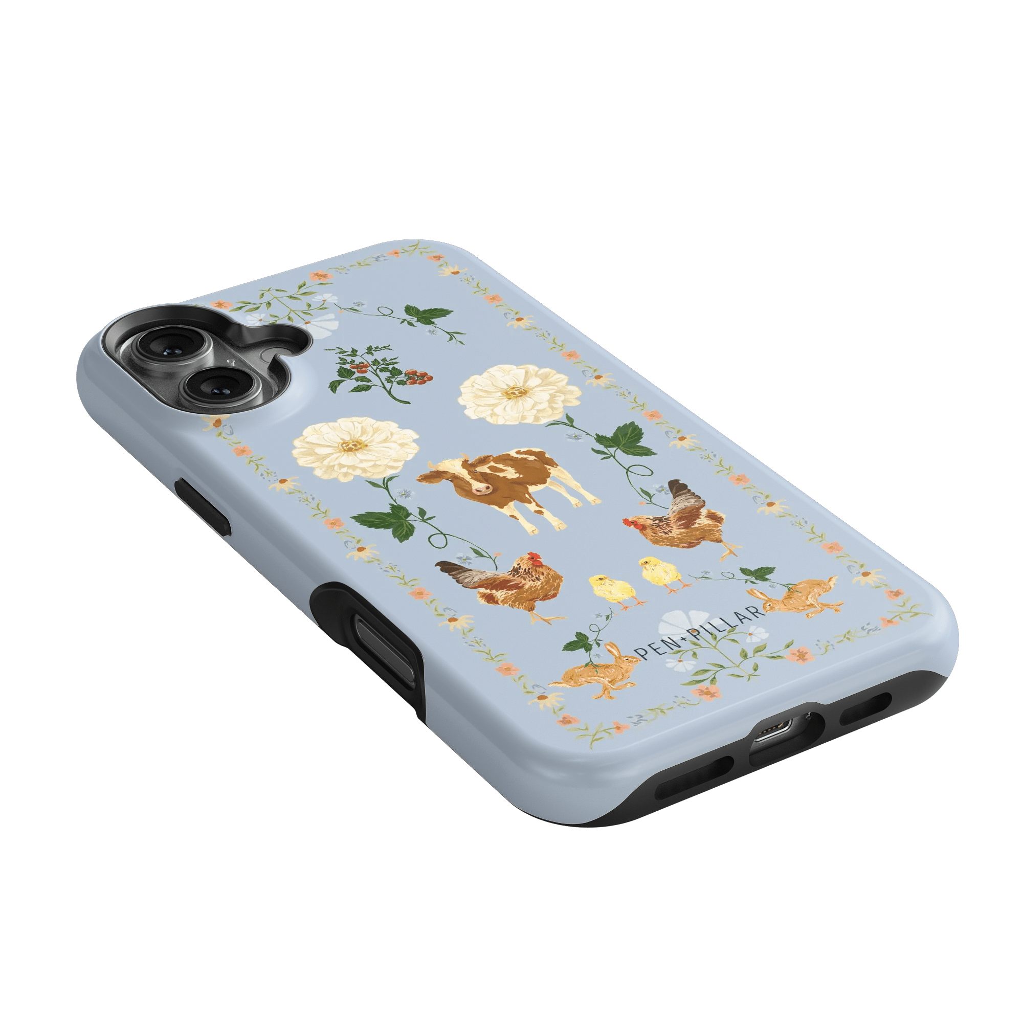 Farmland iPhone case featuring a light blue background with floral and animal illustrations, including cows and chickens.