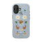 Farmland iPhone case featuring a blue background with floral designs, animals, and a decorative border.