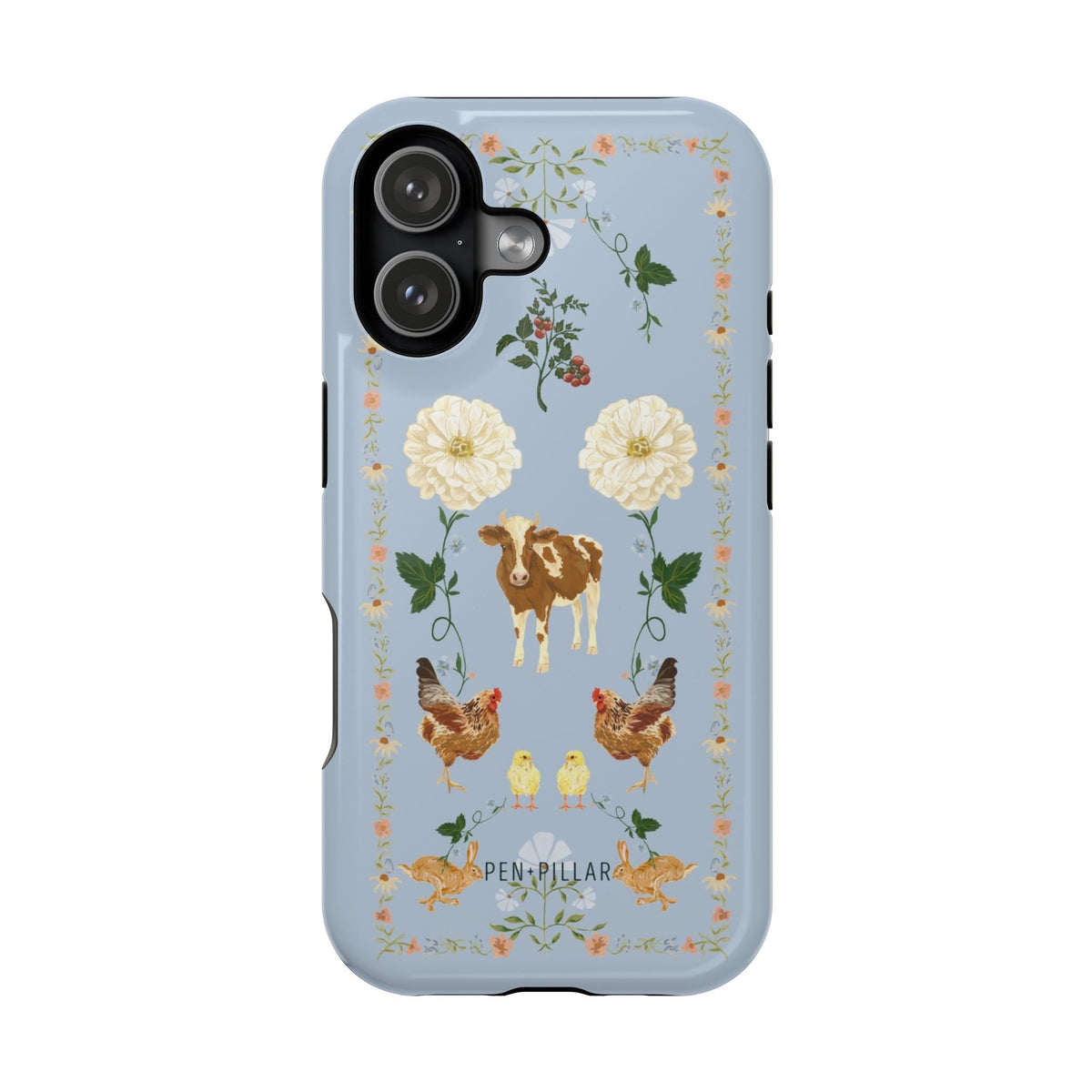 Farmland iPhone case featuring a blue background with floral designs, animals, and a decorative border.