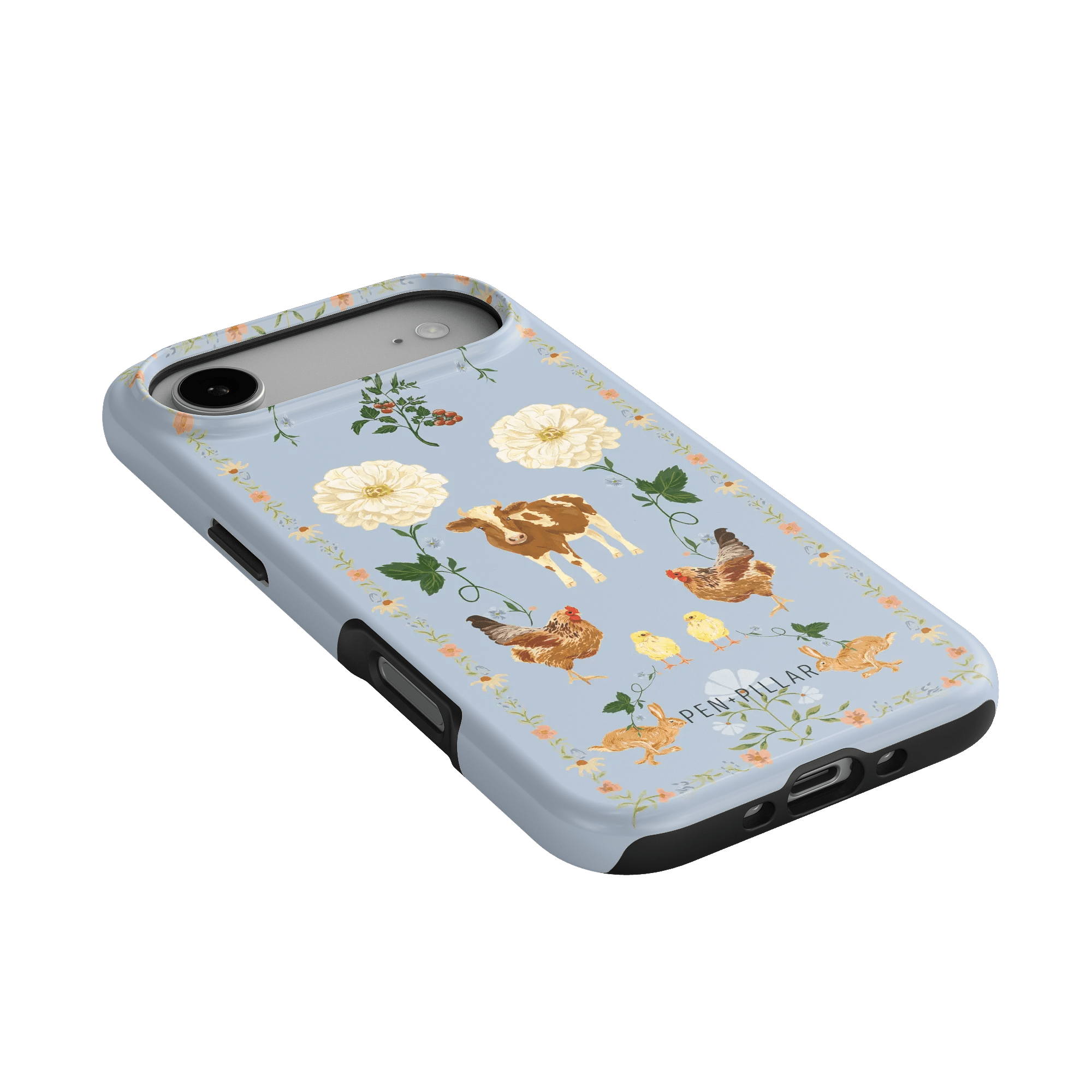 Farmland iPhone case featuring a blue background with floral designs, cows, and chickens.