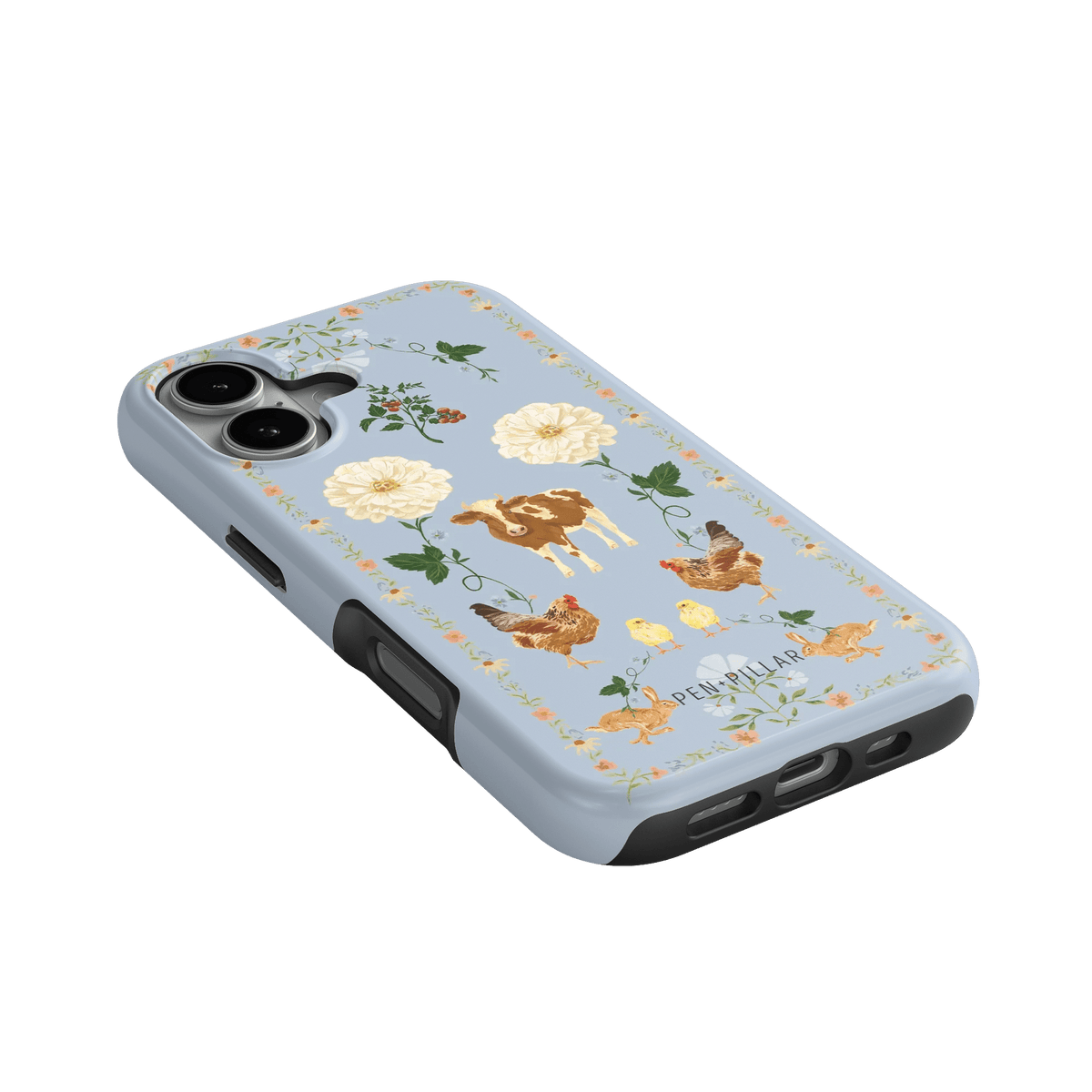 Farmland iPhone case featuring a light blue background with floral and animal illustrations, including cows and chickens.