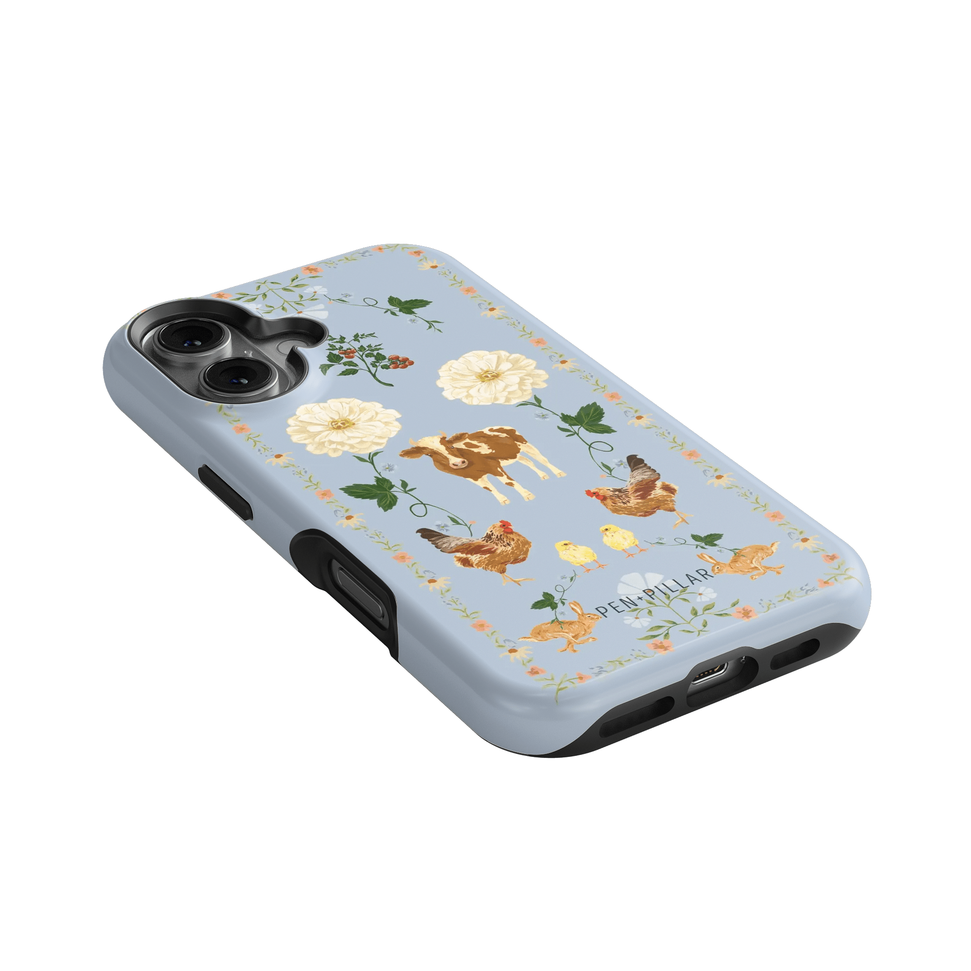 Farmland iPhone case featuring a light blue background with floral and animal illustrations, including cows and chickens.