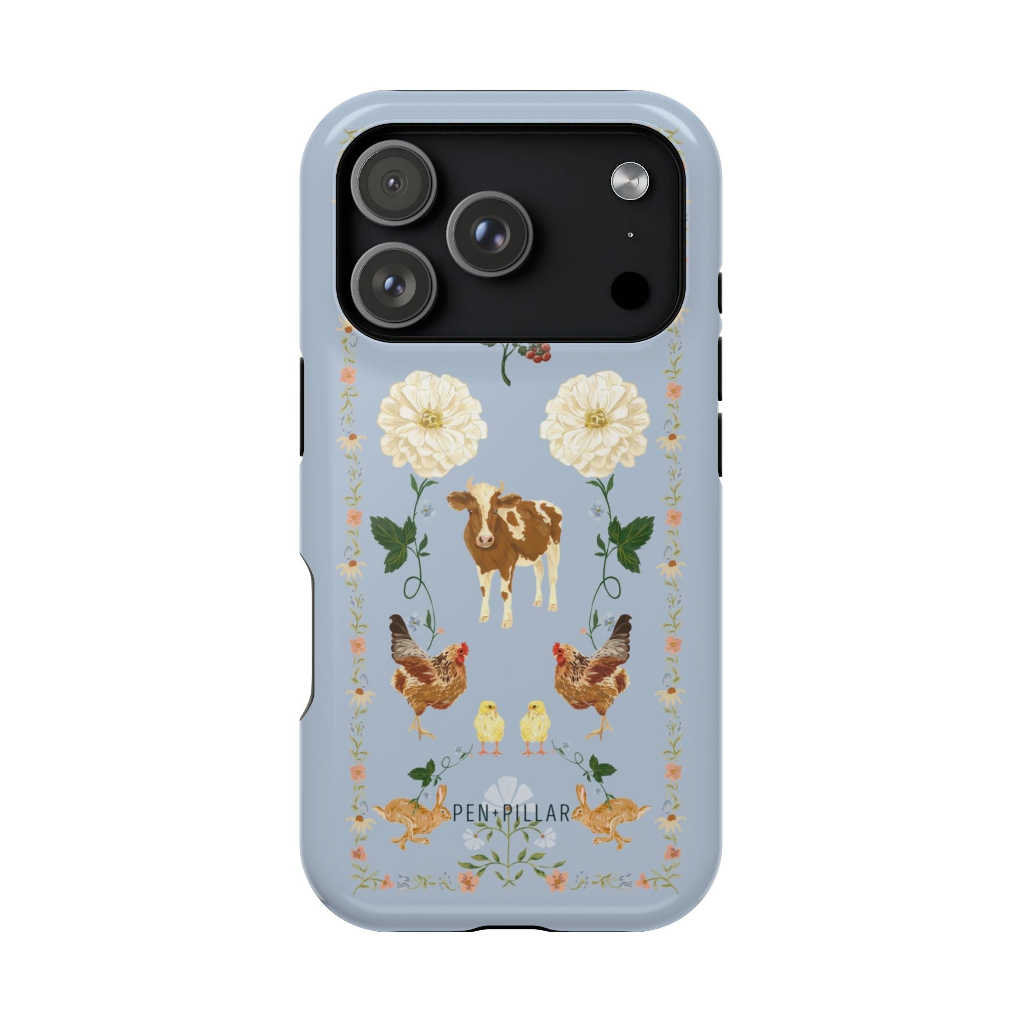 Farmland iPhone case featuring a blue background with floral designs, cows, chickens, and decorative elements.