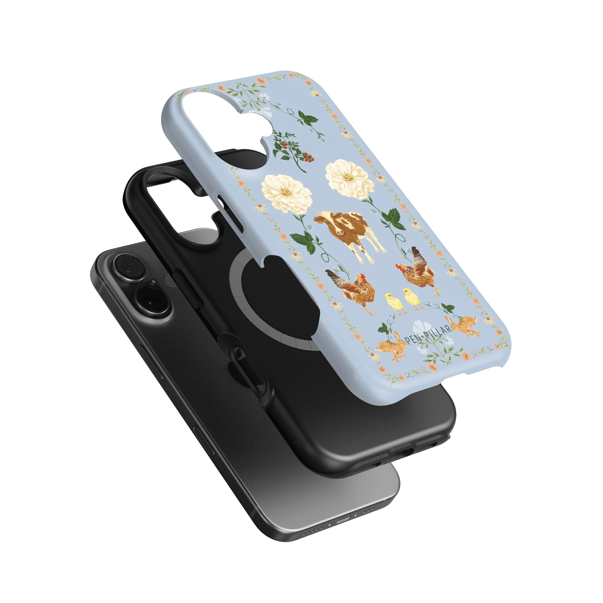 Farmland iPhone case featuring a light blue background with floral and animal illustrations, stacked with a black case.