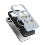 Farmland iPhone case featuring a light blue design with cows, flowers, and birds, layered over black and silver cases.