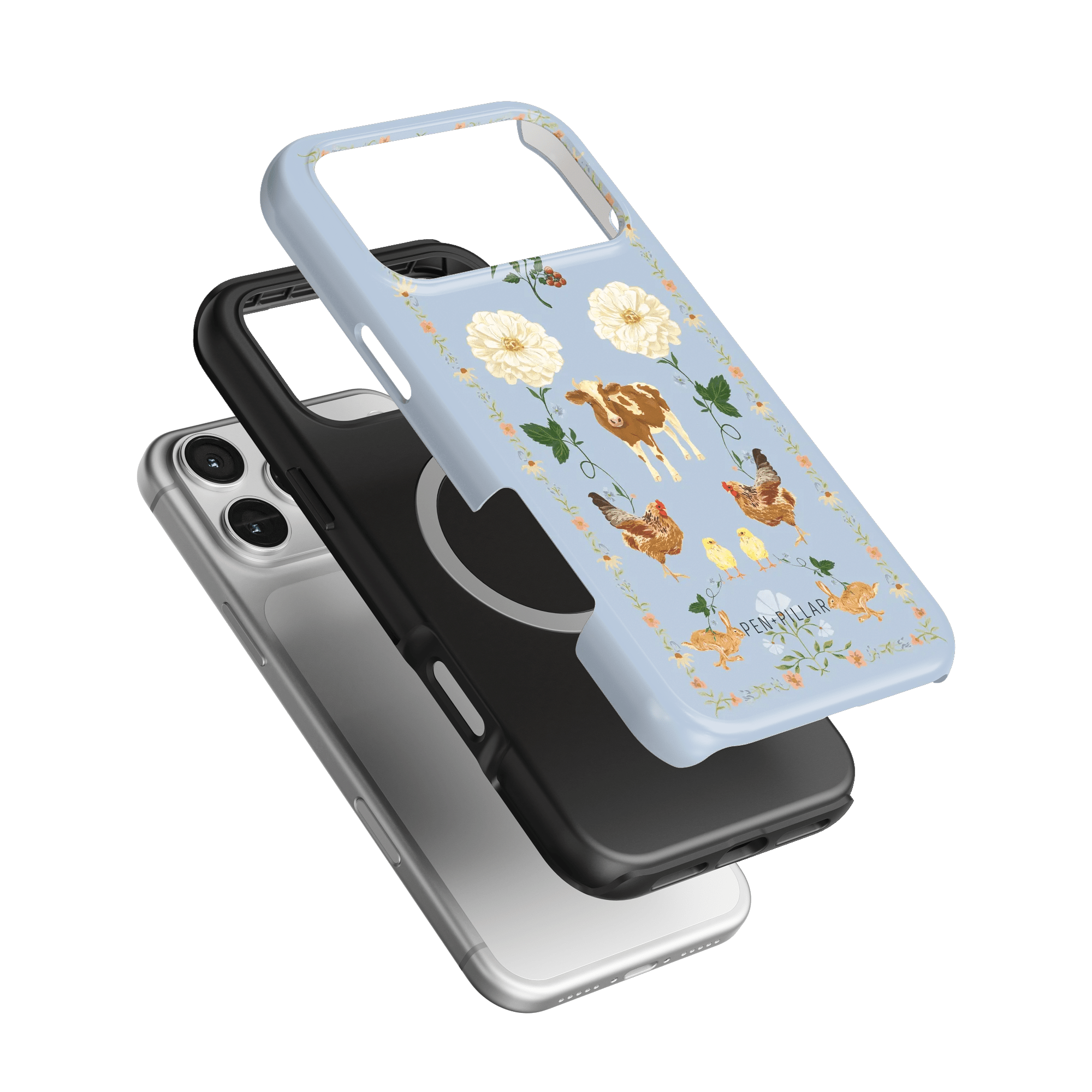Farmland iPhone case featuring a light blue design with cows, flowers, and birds, layered over black and silver cases.