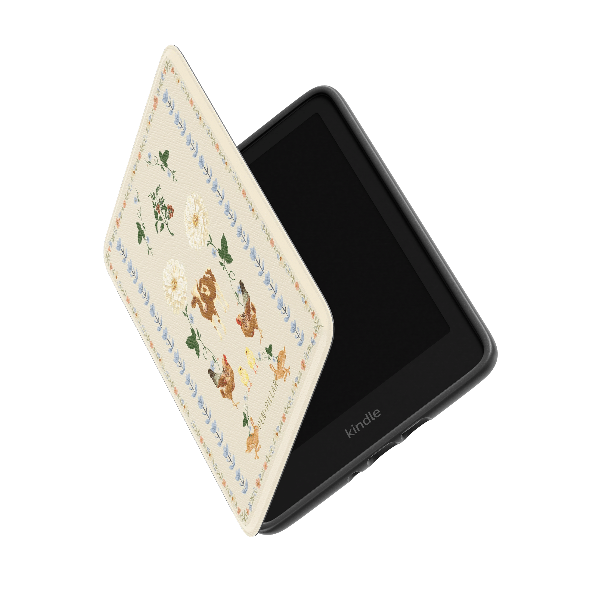 Cream Kindle case with floral and chicken illustrations, open to reveal a black kindle device.