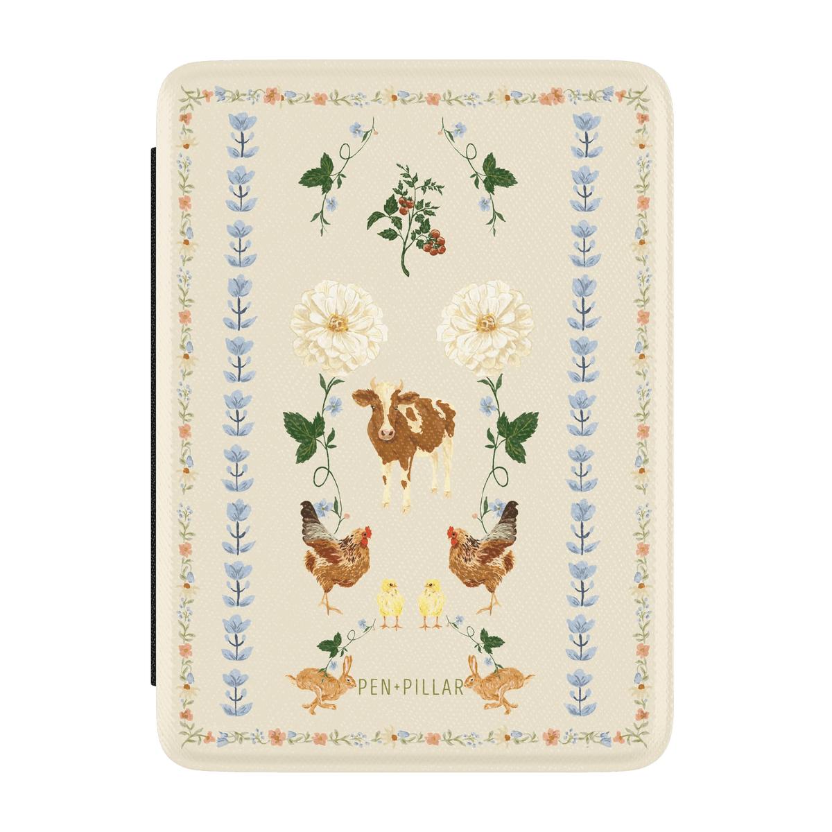 Cream fabric Kindle case featuring a cow, chickens, and rabbits with floral borders and the text PEN+PILLAR.