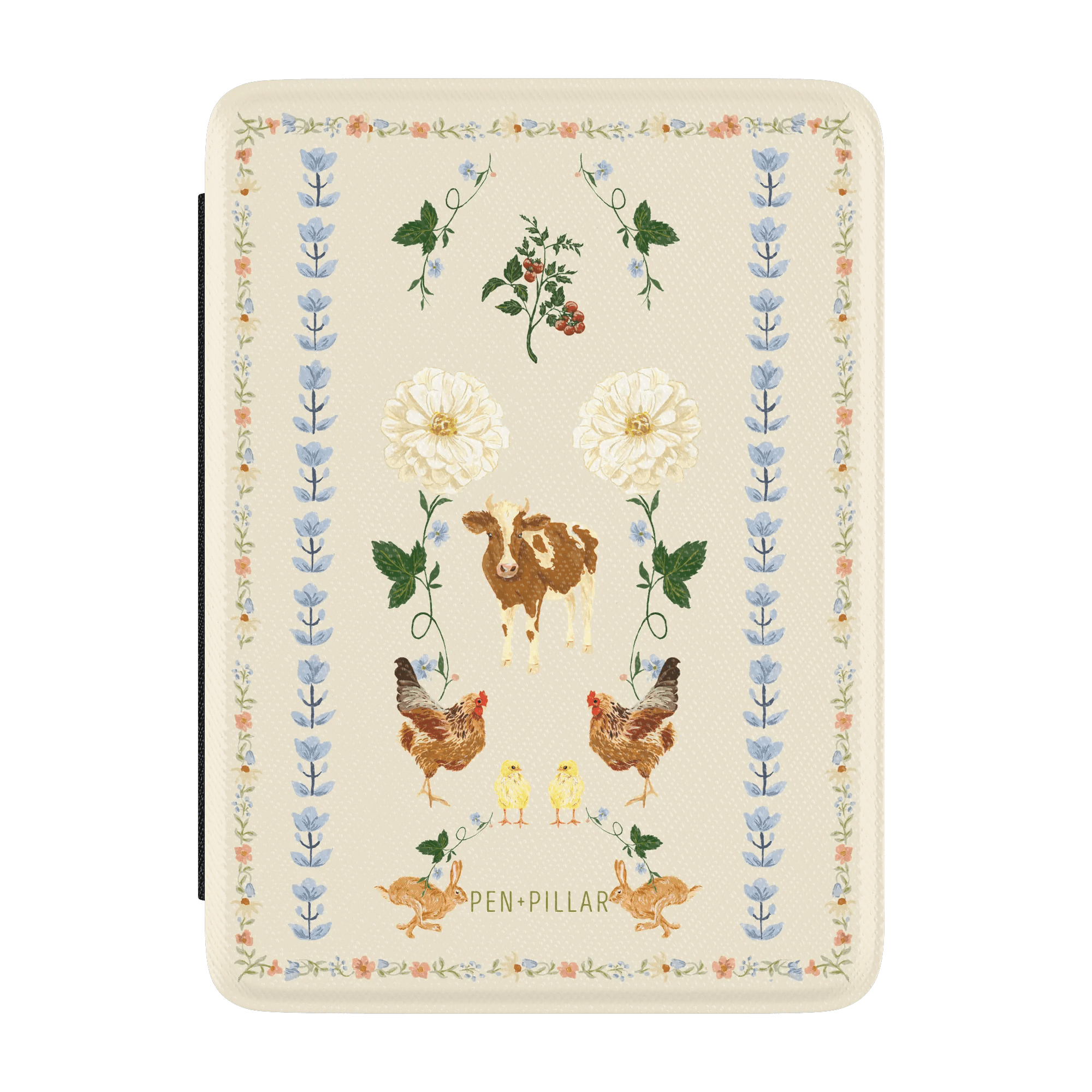 Cream fabric Kindle case featuring a cow, chickens, and rabbits with floral borders and the text PEN+PILLAR.