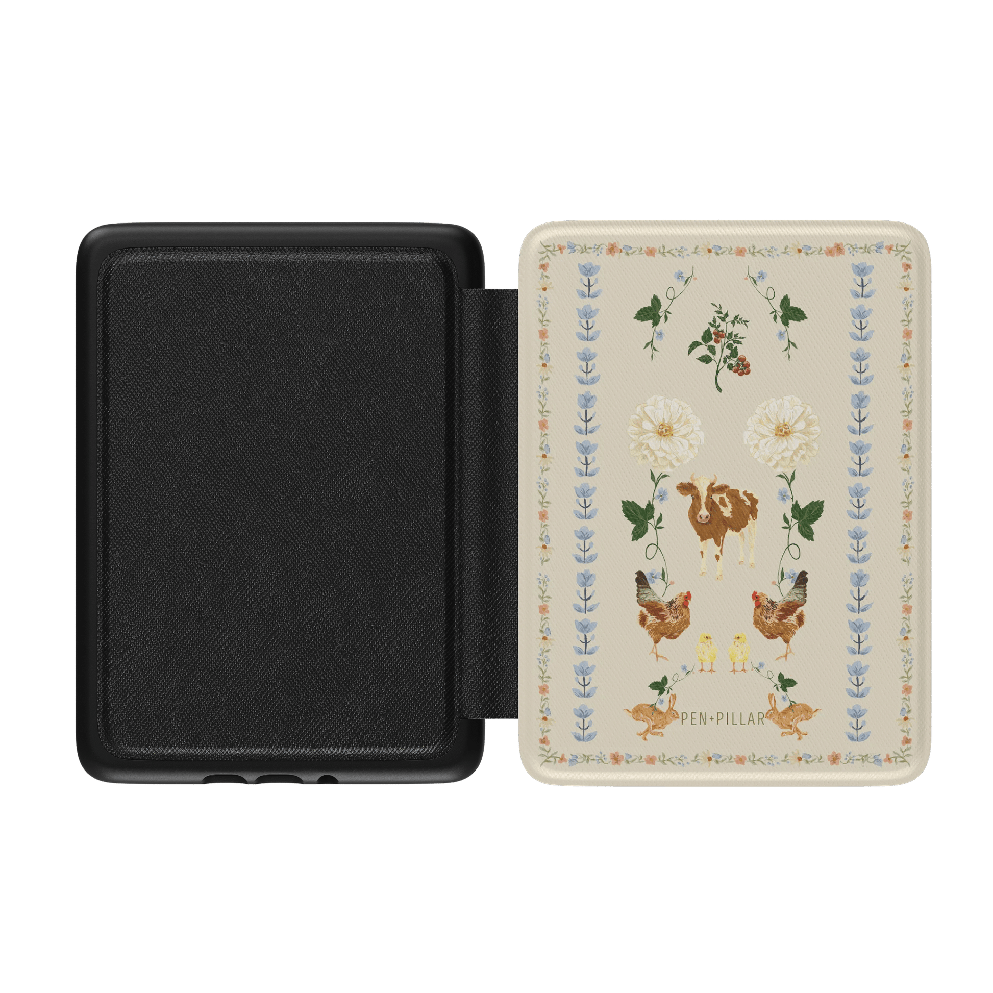 Open Farmland Kindle Case by PEN + PILLAR featuring a cream cover with illustrations of cows, chickens, and flowers.
