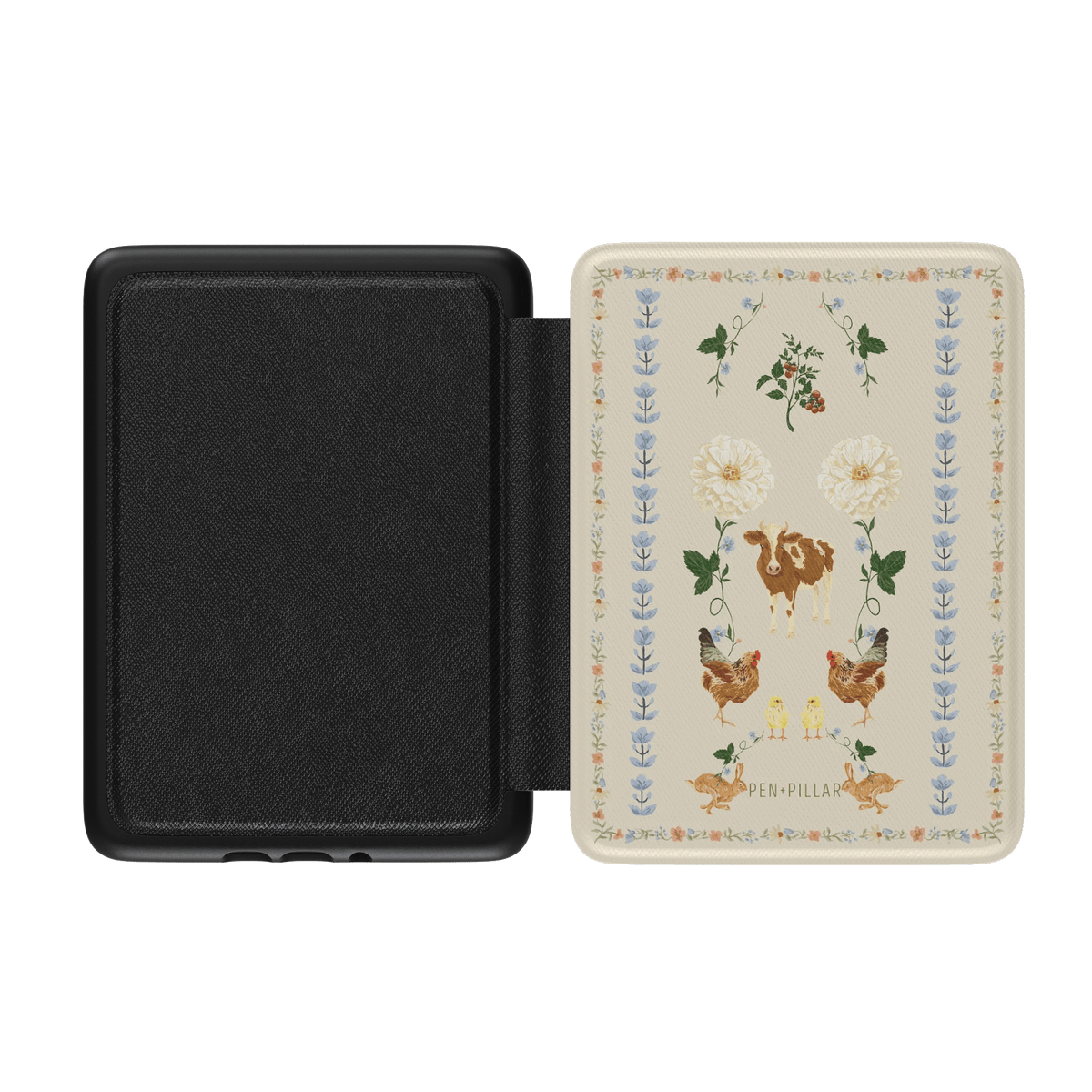 Open Farmland Kindle Case by PEN + PILLAR featuring a cream cover with illustrations of cows, chickens, and flowers.