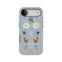Farmland personalized phone case featuring floral and chicken designs on a light blue background with a monogrammed letter B.