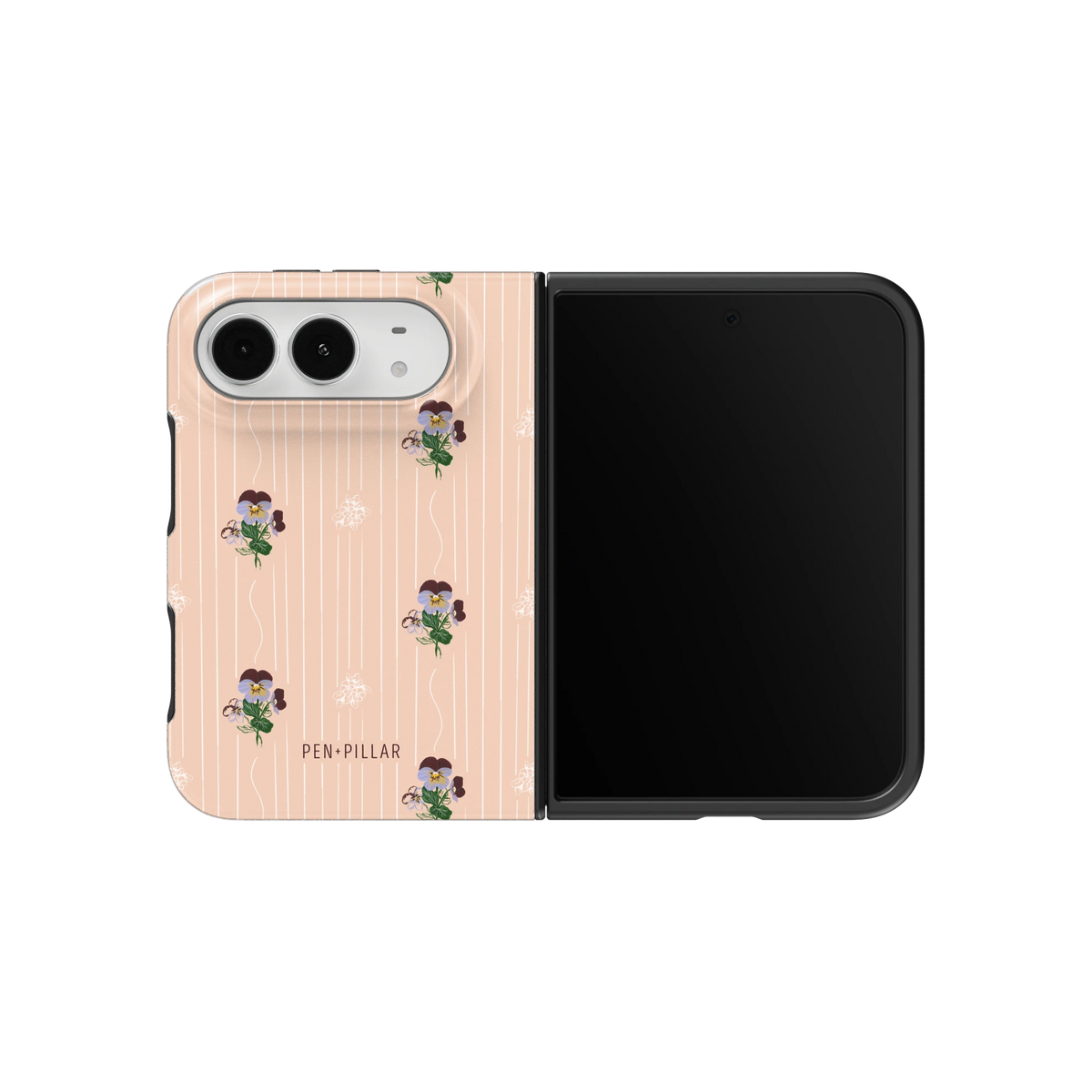 February Birth Month iPhone 18 Duo case on an unfolded iPhone 18 Duo, back and screen side by side: purple violets on blush stripes