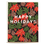 Festive Forest holiday card featuring red poinsettias, pine cones, and green foliage on a dark background.