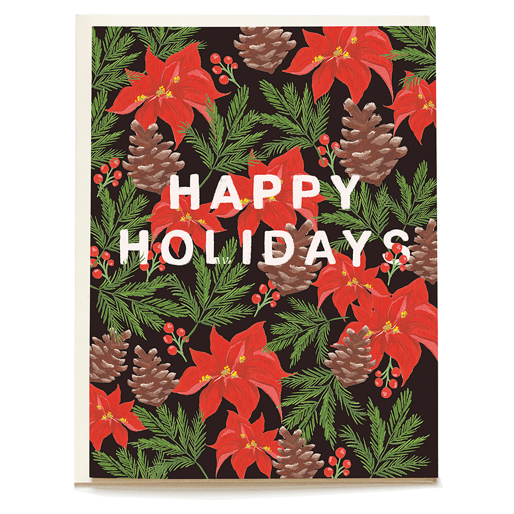 Festive Forest holiday card featuring red poinsettias, pine cones, and green foliage on a dark background.