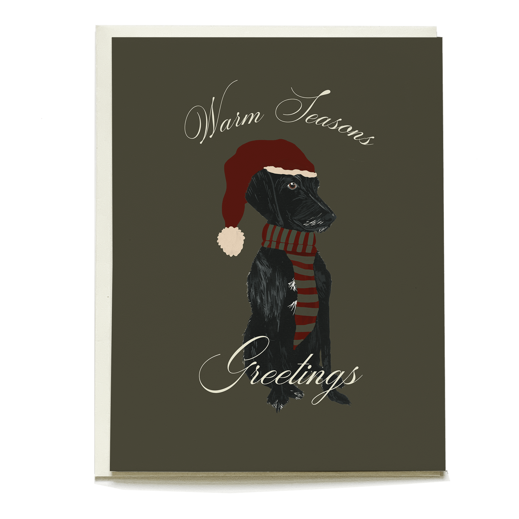 Festive Otis holiday card featuring a black dog wearing a red hat and striped scarf with "Warm Seasons Greetings" text.