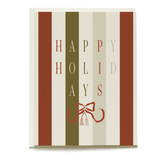 Festive stripes holiday card featuring "Happy Holidays" text and a bow design in red, green, and cream colors.
