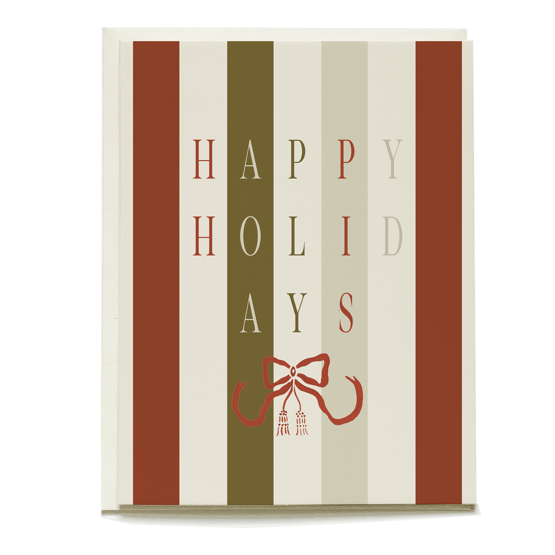 Festive stripes holiday card featuring "Happy Holidays" text and a bow design in red, green, and cream colors.