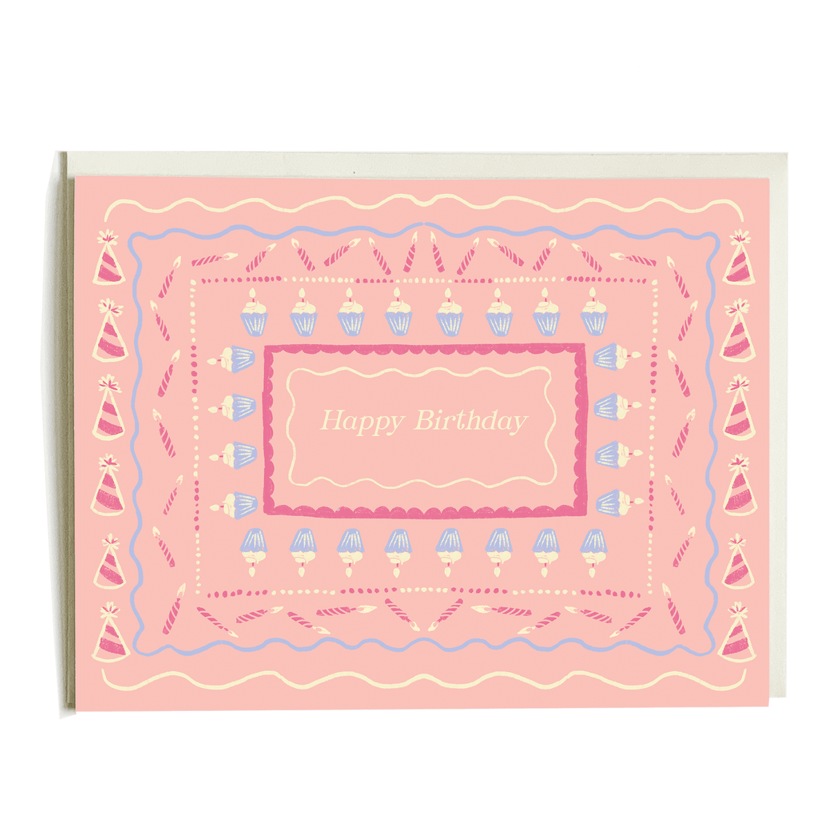 Pink birthday card featuring "Happy Birthday" text surrounded by colorful party hats and cupcakes.