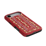 Fiona iPhone case featuring a red background with floral patterns in yellow, blue, and pink.