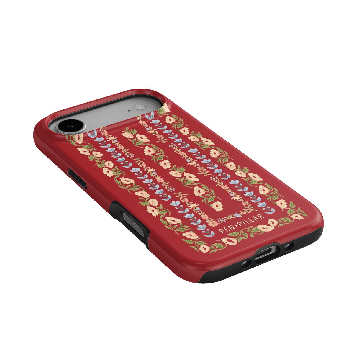 Fiona iPhone case featuring a red background with floral patterns in yellow, blue, and pink.