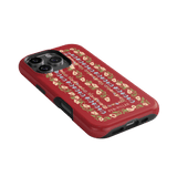 Fiona iPhone case featuring a red background with floral patterns and cutouts for camera and buttons.