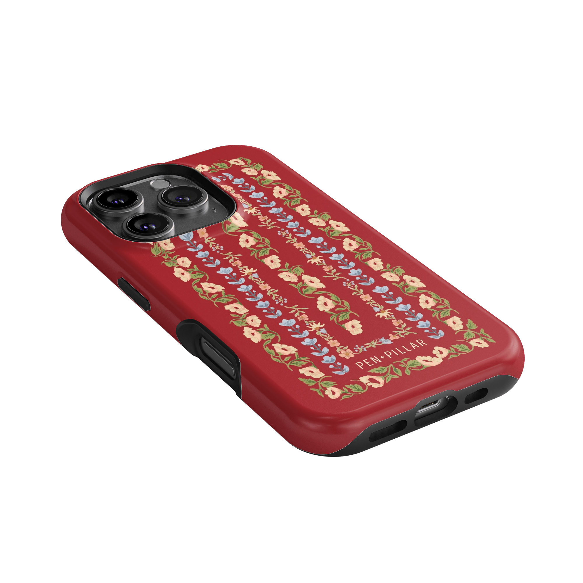 Fiona iPhone case featuring a red background with floral patterns and cutouts for camera and buttons.