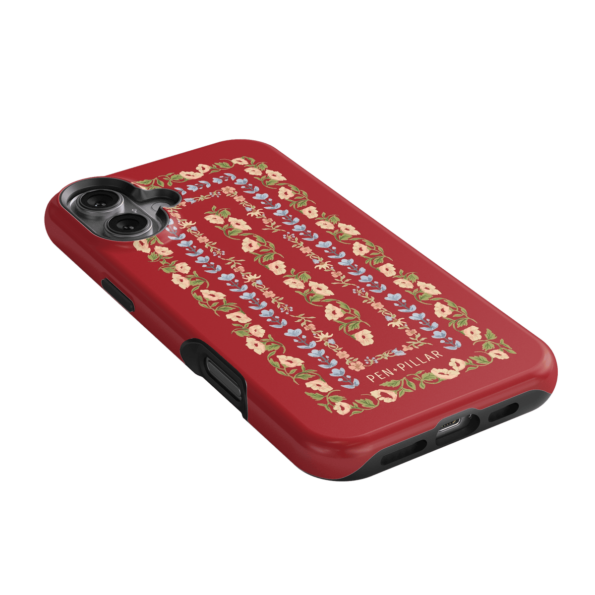 Fiona iPhone case featuring a red background with floral patterns in various colors and decorative elements.