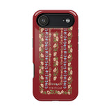 Fiona iPhone case featuring a floral design in red, blue, and green on a black background.