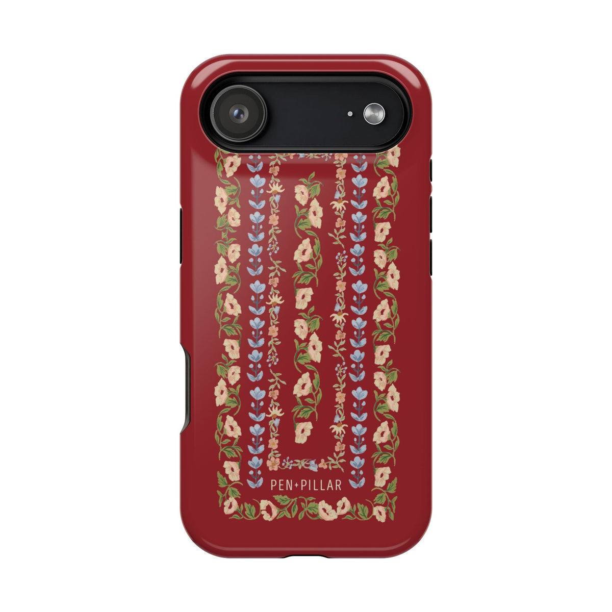 Fiona iPhone case featuring a floral design in red, blue, and green on a black background.