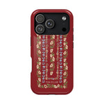 Fiona iPhone case featuring a floral design on a red background with a black border.