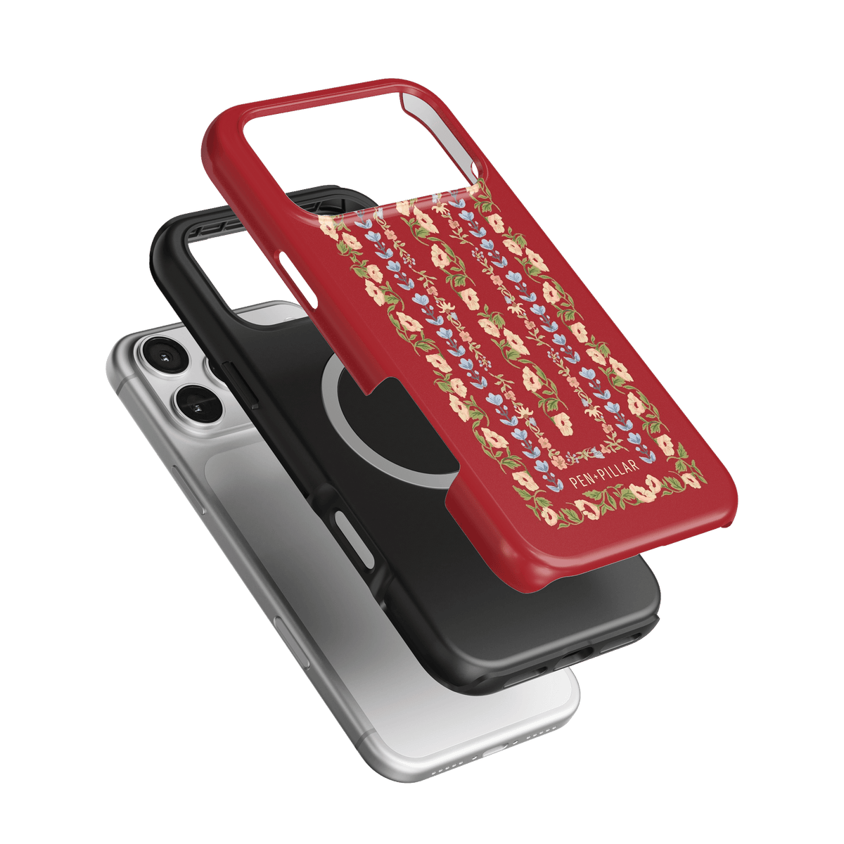 Fiona iPhone case featuring a red floral design, layered over a black and clear case, angled view.