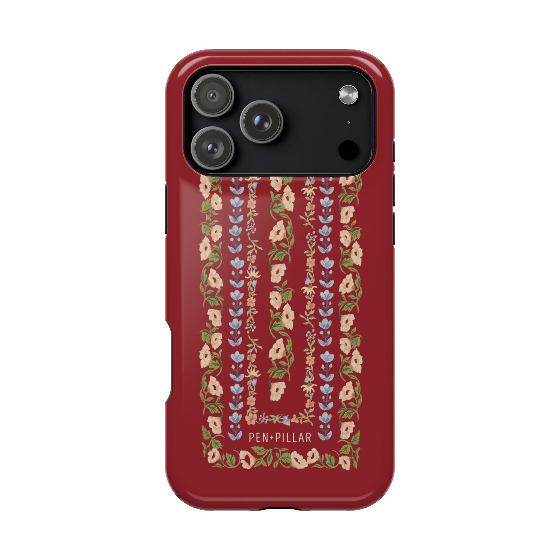 Fiona iPhone case featuring a red background with floral patterns in pink, blue, and green.