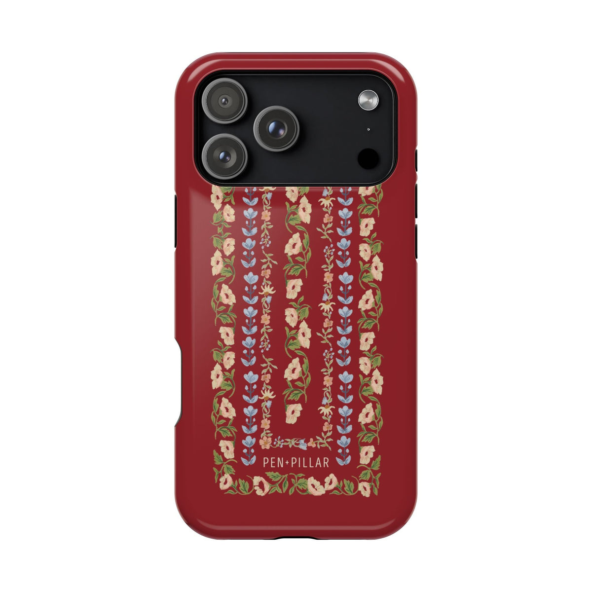 Fiona iPhone case featuring a red background with floral patterns in pink, blue, and green.